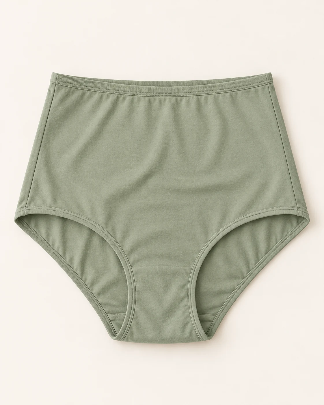 Sage high-rise briefs with a tall waistband, wide sides, and low-cut leg openings.